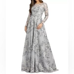 Mac Duggal 11185 Floral Long Sleeve A-Line Gown Platinum Women’s Sz 8
